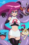  1girl ahoge arbok carrying earrings elbow_gloves eyeshadow gen_1_pokemon gen_2_pokemon gloves hair_slicked_back highres jewelry long_hair makeup meowth midriff mike_luckas miniskirt musashi_(pokemon) pokemon pokemon_m21 red_hair shoulder_carry skirt sleeveless smirk team_rocket team_rocket_uniform thighhighs very_long_hair wobbuffet 