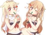  2girls bikini blonde_hair blush breasts cup drinking_glass food_themed_hair_ornament frappuccino hair_ornament hair_ribbon hairclip kantai_collection medium_breasts multiple_girls murasame_(kantai_collection) nail_polish navel one_eye_closed red_eyes remodel_(kantai_collection) ren_kun ribbon scarf skirt starbucks strawberry_hair_ornament swimsuit two_side_up upper_body yuudachi_(kantai_collection) 