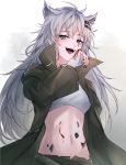  1girl :d animal_ears arknights bandeau black_coat black_nails blood blood_on_face breasts coat commentary cowboy_shot eyebrows_visible_through_hair eyelashes grey_background grey_eyes hair_between_eyes haku_wi hand_on_own_cheek highres lappland_(arknights) long_hair long_sleeves looking_at_viewer medium_breasts midriff nail_polish navel open_clothes open_coat open_mouth ore_lesion_(arknights) scar scar_across_eye silver_hair simple_background smile solo strapless tubetop wiping_face wolf_ears 