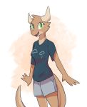 2020 anthro bottomwear brown_body clothing enginetrap female green_eyes hi_res horn open_mouth open_smile portrait scalie shirt shorts simple_background smile solo standing t-shirt three-quarter_portrait topwear 
