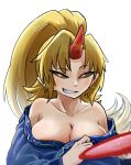  1girl black_sclera blonde_hair breasts chamaji cleavage collarbone commentary_request cup grin high_ponytail highres horns hoshiguma_yuugi large_breasts off_shoulder orange_eyes pointy_ears sakazuki single_horn smile solo touhou upper_body 