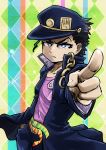  1boy belt black_hair blue_eyes chain chamaji frown gakuran hand_in_pocket hat jojo_no_kimyou_na_bouken kuujou_joutarou male_focus patterned_background pointing pointing_at_viewer school_uniform serious solo sparkle_background star-shaped_pupils star_(symbol) stardust_crusaders symbol-shaped_pupils upper_body 