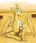  2019 anthro barefoot bottomwear clothed clothing dragon enginetrap fully_clothed hi_res horn light lighting malphas_(enginetrap) membrane_(anatomy) membranous_wings scalie shirt shorts sitting smile solo t-shirt topwear western_dragon wings yellow_theme 