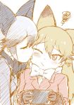  2girls animal_ears black_neckwear bow bowtie cheek_licking closed_eyes commentary_request extra_ears eyebrows_visible_through_hair ezo_red_fox_(kemono_friends) face_licking fox_ears fox_girl fur_trim gloves jacket kemono_friends licking long_hair long_sleeves masuyama_ryou multiple_girls necktie nintendo_switch one_eye_closed orange_eyes orange_hair orange_neckwear silver_fox_(kemono_friends) silver_hair squiggle white_neckwear 