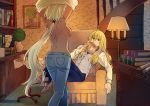  1boy 1girl alternate_costume blonde_hair blue_neckwear blue_pants body_markings book bookshelf breasts caenis_(fate) couch dark_skin denim fate/grand_order fate_(series) from_behind grey_vest jeans kirschtaria_wodime lamp living_room long_hair on_couch pants ponytail reclining shirt shirt_removed sideboob stairs tattoo tsengyun vest wallpaper_(object) white_hair white_shirt 