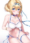  1girl azur_lane bangs bare_shoulders bikini blonde_hair blue_choker blue_eyes blue_ribbon blush bracelet breasts choker cleavage collarbone cross_choker crossed_bangs hair_bun hair_ribbon highres jeanne_d&#039;arc_(azur_lane) jeanne_d&#039;arc_(movie_set_saintess)_(azur_lane) jewelry large_breasts long_hair looking_at_viewer nekomori_caburi ribbon simple_background smile swimsuit thighs tied_hair white_bikini 