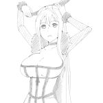  1girl breasts choker cleavage dress fur_trim greyscale horns large_breasts long_hair looking_at_viewer maou_(maoyuu) maoyuu_maou_yuusha monochrome open_mouth simple_background solo white_background yoshida_keiji 
