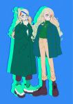  2girls alternate_costume anno88888 aqua_eyes bangs blonde_hair blue_background blue_hair breasts brown_footwear closed_mouth coat commandant_teste_(kantai_collection) eyebrows_visible_through_hair full_body green_footwear green_sweater hair_bun highres jacket jacket_on_shoulders jewelry kantai_collection long_hair long_sleeves multicolored_hair multiple_girls necklace outline pants red_hair richelieu_(kantai_collection) ring simple_background socks standing streaked_hair sweater turtleneck turtleneck_sweater 