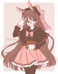  1girl animal_ears book borrowed_character brown_hair bunny_ears choco-rune commentary english_commentary eyebrows_visible_through_hair frilled_skirt frills glasses hair_ornament hair_ribbon hairclip hat highres holding holding_book long_hair long_sleeves looking_at_viewer original pantyhose parted_lips pleated_skirt red_eyes ribbon sailor_collar sidelocks signature skirt solo very_long_hair 