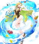  1girl bangs bare_arms blonde_hair blue_eyes breasts cape celina_(fire_emblem) cleavage coconut collarbone drinking_straw earrings fire_emblem fire_emblem:_the_sacred_stones fire_emblem_heroes fruit_cup full_body highres holding jewelry long_hair looking_at_viewer medium_breasts official_art open_toe_shoes parted_bangs parted_lips sandals shiny shiny_skin solo swimsuit thigh_strap thighs transparent_background wada_sachiko 