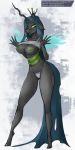  1:2 anthro areola arthropod big_breasts breasts changeling clothed clothing clothing_lift female friendship_is_magic longtailshort my_little_pony nipples panties queen_chrysalis_(mlp) shirt shirt_lift solo text topwear underwear url 