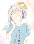  1girl amane_kanata angel_wings blue_shirt blush closed_eyes collarbone eyebrows_visible_through_hair grey_hair halo hand_on_own_cheek highres hololive laughing nem_rui shirt short_hair solo t-shirt upper_body virtual_youtuber wings 