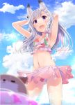  1girl animal_ears animare arms_up blurry_foreground blush braid bubble cloud commentary_request fang highres long_hair navel open_mouth painttool_sai purple_eyes ribbon sch shiromiya_mimi side_braid sky solo swimsuit 