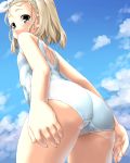  1girl ass back bangs bare_arms bare_legs bare_shoulders blonde_hair blue_sky blush cloud commentary_request cowboy_shot day dd_(ijigendd) from_behind grey_eyes hairband highres i-504_(kantai_collection) kantai_collection looking_at_viewer luigi_torelli_(kantai_collection) one-piece_swimsuit outdoors school_swimsuit short_hair sky solo standing swimsuit thighs white_hairband white_school_swimsuit white_swimsuit 