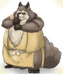  2020 absurd_res anthro balls big_balls brown_body brown_fur bulge canid canine clothing fur genitals ghibli hi_res humanoid_hands inugami_gyoubu_(pom_poko) kemono male mametanu_tanuki mammal overweight overweight_male pom_poko raccoon_dog robe simple_background solo tanuki white_background 