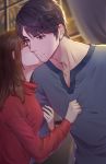  1boy 1girl aerial_fireworks black_hair brown_hair cheek_kiss closed_eyes curtains fireworks highres kiss locked_arms long_sleeves love_and_producer night outdoors red_sweater shirt shirt_grab standing sweater t-shirt tudou_td upper_body window 