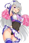  1girl ;d arm_up armpits azur_lane bangs blue_legwear blue_ribbon blush breasts casablanca_(azur_lane) cheerleader clothes_writing commentary_request covered_navel cowboy_shot eyebrows_visible_through_hair groin hair_between_eyes hair_ribbon highres holding holding_pom_poms large_breasts leotard long_hair long_sleeves looking_at_viewer miniskirt one_eye_closed open_mouth pleated_skirt pom_poms purple_eyes ribbon silver_hair simple_background skindentation skirt smile solo standing thighs tokoya_(ex-hetare) very_long_hair white_background white_skirt 
