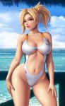  beach blonde_hair breasts competition_swimsuit curvy flowerxl mercy_(overwatch) one-piece_swimsuit overwatch ponytail swimsuit white_swimsuit 