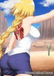  1girl back back_tattoo bare_shoulders blonde_hair blue_shorts blue_sky braid breasts cactus cloud fate/apocrypha fate/grand_order fate_(series) from_behind ground hellandheaven highres hitchhiking jeanne_d&#039;arc_(fate) jeanne_d&#039;arc_(fate)_(all) large_breasts long_braid outdoors shirt shorts single_braid sky sleeveless sleeveless_shirt standing tattoo white_shirt 
