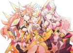  3girls amou_kanade arm_around_shoulder blue_eyes breasts cleavage clenched_hands hand_on_hip highres light_brown_hair long_hair maria_cadenzavna_eve multiple_girls navel_cutout one_eye_closed orange_eyes orange_hair pink_hair rhapsode senki_zesshou_symphogear senki_zesshou_symphogear_xd_unlimited smile tachibana_hibiki_(symphogear) white_background 