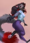  2020 4_toes 5_fingers anthro black_lips butt_pose canid canine clothed clothing digital_media_(artwork) female fingers fox fur hauringu hi_res lips mammal open_mouth pose red_body red_fur smile solo teeth toes tongue 