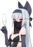  1girl bare_shoulders black_gloves blue_hair bow breasts champagne_flute choker cup drinking_glass earrings elbow_gloves girls_frontline gloves hair_bow hairband highres jewelry juz long_hair mask red_eyes simple_background solo tokarev_(girls_frontline) white_background 