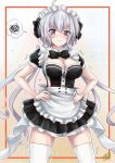  1girl alternate_costume black_neckwear blush bow bowtie breasts cleavage closed_mouth enmaided eyebrows_visible_through_hair frills hands_on_hips large_breasts long_hair looking_at_viewer maid maid_headdress purple_eyes r-binon senki_zesshou_symphogear shiny shiny_hair shiny_skin simple_background solo thighhighs trembling wavy_mouth white_hair white_legwear yukine_chris zettai_ryouiki 