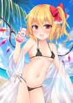  1girl absurdres bikini black_bikini blonde_hair blush bottle bow breasts clip_studio_paint_(medium) cowboy_shot day fang flandre_scarlet hair_between_eyes hair_bow highres holding long_hair looking_at_viewer micro_bikini miy@ navel open_mouth outdoors pointy_ears red_bow red_eyes see-through side-tie_bikini side_ponytail small_breasts solo stomach string_bikini summer swimsuit touhou wings 