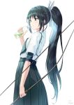  1girl archery bangs black_hair black_hakama bottle bow_(weapon) closed_mouth commentary_request eyebrows_visible_through_hair green_eyes hair_ribbon hakama highres holding holding_bottle holding_bow_(weapon) holding_weapon japanese_clothes kyuudou long_hair looking_away muneate original ponytail ribbon ruda_(ruda_e) shirt short_sleeves simple_background smile solo very_long_hair weapon white_background white_ribbon white_shirt 