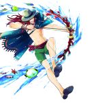  1boy abs bow_(weapon) bracelet cape coral fire_emblem fire_emblem:_the_sacred_stones fire_emblem_heroes fish full_body hat highres jewelry joshua_(fire_emblem) long_hair navel official_art open_mouth red_eyes red_hair ring sandals shirtless solo suekane_kumiko swimsuit teeth transparent_background water weapon 