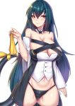  1girl bangs black_panties blue_hair breasts choker cleavage clip_studio_paint_(medium) collarbone curvy detached_sleeves dizzy_(guilty_gear) eyebrows_visible_through_hair funaya_(a2brasd) guilty_gear guilty_gear_xrd hair_between_eyes hair_down highres large_breasts long_hair looking_to_the_side midriff navel panties photoshop_(medium) plump ribbon solo tail tail_ribbon thick_thighs thighhighs thighs underwear 