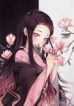  brown_hair ears english_commentary flower gradient_hair hair_ribbon highres holding holding_flower japanese_clothes kamado_nezuko kimetsu_no_yaiba kimono long_hair looking_at_viewer multicolored_hair obi open_mouth quiss red_eyes ribbon sash signature simple_background smelling_flower smile 