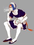  1boy alternate_costume apron black_eyes changye cigarette crossdressing elbow_gloves enmaided gloves guido_mista hat invisible_chair jojo_no_kimyou_na_bouken maid maid_headdress male_focus sitting smoking solo thighhighs vento_aureo waist_apron white_gloves white_legwear 