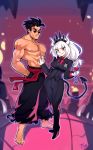  1boy 1girl alcohol arm_hair baggy_pants barefoot belt black_hair black_neckwear black_suit breasts business_suit chest_hair collared_shirt commentary cup demon_girl demon_horns demon_tail drinking_glass english_commentary formal full_body gloves hairband hand_on_another&#039;s_chest height_difference helltaker helltaker_(character) hetero horns long_hair low-tied_long_hair lucifer_(helltaker) manly medium_breasts mole mole_under_eye muscle necktie optionaltypo pale_skin pants pince-nez pointy_shoes ponytail red_belt red_eyes red_shirt shirt shirtless shoes smile spiked_hairband spikes suit sunglasses tail white_gloves white_hair white_horns wine wine_glass 