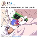  2girls 500_dollar_four_foot_tall_mareep bare_shoulders bed blanket blue_hair closed_mouth dark_skin detached_sleeves english_text google_chrome google_chrome_(merryweather) highres hinghoi holding hug internet_explorer_(webcomic) long_hair looking_at_another lying meme merryweather multicolored_hair multiple_girls pc_(personification) personification ram_(computer) red_hair short_hair text_focus twitter 