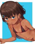  1girl bangs bare_arms bare_shoulders bikini black_bikini blue_eyes blush brown_hair commentary_request dark_skin dutch_angle flat_chest from_above hai_ookami hair_ornament hairclip hand_up long_hair looking_at_viewer looking_up navel original solo star_(symbol) stomach sweat swimsuit very_long_hair 