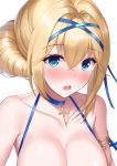  1girl :o :s azur_lane bangs bare_shoulders bikini blonde_hair blue_choker blue_eyes blue_ribbon blush breasts choker cleavage close-up collarbone commentary_request cross_choker crossed_bangs embarrassed eyebrows_visible_through_hair hair_bun hair_ribbon highres jeanne_d&#039;arc_(azur_lane) jeanne_d&#039;arc_(movie_set_saintess)_(azur_lane) jewelry large_breasts long_hair looking_at_viewer nekomori_caburi open_mouth partial_commentary ribbon simple_background solo swimsuit thighs tied_hair white_background 