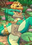 anthro armor blue_body blue_skin captaincob clothing countershading crown female flower gem gold_(metal) gold_jewelry headgear helmet hi_res jewelry kobold lily_(flower) loincloth plant pond red_eyes solo spread_legs spreading swamp tongue tongue_out water wet 
