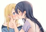  2girls ayase_eli bangs blonde_hair blue_eyes blue_hair blush commentary_request eye_contact face-to-face hand_on_another&#039;s_cheek hand_on_another&#039;s_face kiss long_hair looking_at_another love_live! love_live!_school_idol_project multiple_girls signature simple_background sonoda_umi suito white_background yellow_eyes yuri 
