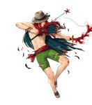 1boy abs bow_(weapon) bracelet cape coral fire_emblem fire_emblem:_the_sacred_stones fire_emblem_heroes full_body hat highres injury jewelry joshua_(fire_emblem) long_hair navel official_art red_eyes red_hair ring sandals shirtless solo suekane_kumiko swimsuit teeth torn_clothes transparent_background weapon 