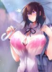  1girl bag bangs blush bra breasts brown_hair bursting_breasts collared_shirt earrings goban hair_between_eyes huge_breasts jewelry medium_hair original pink_bra purple_eyes shirt short_hair short_sleeves shoulder_bag umbrella underwear wet wet_clothes white_shirt 