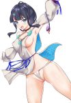  1girl arm_up armpits bangs bare_shoulders black_hair blue_eyes blue_ribbon blush breasts cleavage collarbone dress fate/grand_order fate/requiem fate_(series) fundoshi japanese_clothes jewelry large_breasts long_sleeves looking_at_viewer magatama magatama_hair_ornament medium_hair multicolored_hair necklace open_mouth pelvic_curtain photoshop_(medium) pink_hair puffy_long_sleeves puffy_sleeves ribbon shima-shuu short_dress sideboob sideless_outfit simple_background streaked_hair thighs utsumi_erise wedgie white_background white_dress 