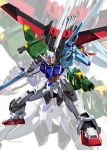  clip_studio_paint_(medium) dynamic_pose glowing glowing_eyes gun gundam gundam_seed highres holding holding_gun holding_sword holding_weapon i.takashi mecha mechanical_wings multiple_views no_humans perfect_strike_gundam solo sword weapon wings yellow_eyes 