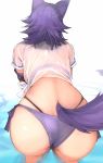  1girl animal_ears arm_strap ass back bent_over bikini breasts highleg highleg_bikini highres large_breasts makoto_(princess_connect!) medium_hair mobu princess_connect! princess_connect!_re:dive purple_bikini purple_hair shirt short_sleeves swimsuit tail tied_shirt wading water wet wet_clothes wet_shirt white_background white_shirt wolf_ears wolf_girl wolf_tail 