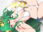  1girl bangs bikini blush breasts collarbone dutch_angle green_hair groin hair_ornament kid_icarus kid_icarus_uprising large_breasts long_hair looking_at_viewer lying navel on_back open_mouth palutena red_eyes solo swimsuit u2_(user_pupx8327) white_bikini 