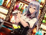  1girl alcohol bartender blush bottle cocktail_glass cup drinking_glass dutch_angle hazumi highres ice_bucket indoors lime_slice long_hair looking_at_viewer original purple_eyes short_sleeves silver_hair solo tongs tumbler upper_body very_long_hair 