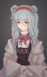  1girl animal_ears arknights bangs bear_ears black_dress blue_eyes blue_hair chinese_commentary commentary_request dress eyebrows_visible_through_hair flower grey_background grey_jacket hair_flower hair_ornament hairband highres istina_(arknights) jacket long_hair long_sleeves monocle red_hairband simple_background solo upper_body white_flower wide_sleeves ya_kexi 