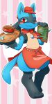  1boy :3 animal_ears apron blush blush_stickers cabbie_hat chalkboard closed_mouth clothed_pokemon coffee commentary_request cup drink fang full_body furry gen_4_pokemon hands_up happy hat heel_up highres hitsuji_tarou holding jpeg_artifacts looking_at_viewer lucario male_focus menu no_humans one_eye_closed paws pink_background poke_ball_symbol poke_ball_theme pokemon pokemon_(creature) pokemon_(game) pokemon_cafe_mix red_eyes red_headwear ribbon sideways_mouth simple_background smile solo spikes spoon standing star_(symbol) starry_background striped striped_background tail teacup tray wolf_ears wolf_tail 