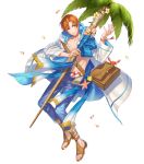  abs bag bracelet coconut_tree fire_emblem fire_emblem:_radiant_dawn fire_emblem_heroes flower full_body highres jewelry kippu leaf navel official_art open_clothes open_shirt orange_eyes orange_hair palm_tree petals rhys_(fire_emblem) sandals seashell shell staff starfish transparent_background tree 