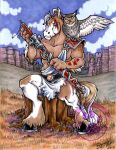  anthro avian bird canyon countryside cybercat equid equine horse male mammal melee_weapon owl pose sitting solo sword warrior weapon 